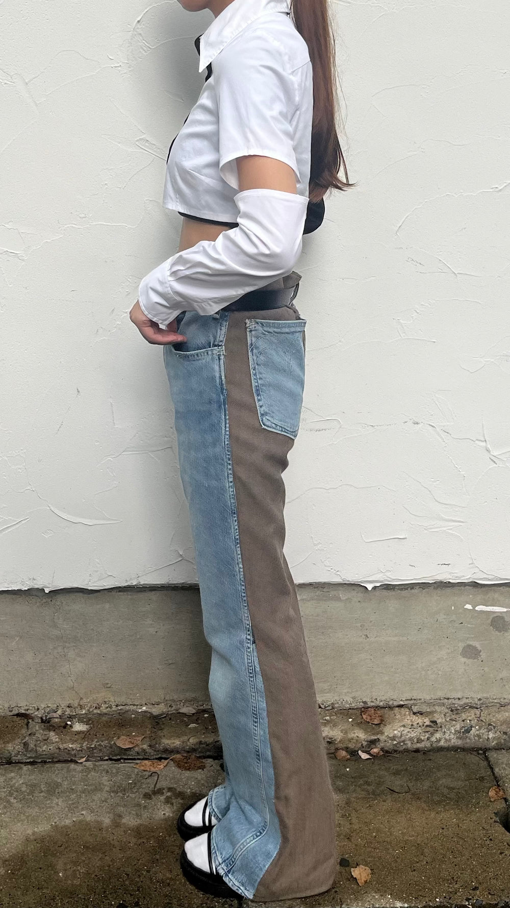 Remake Wool Slacks Switching Flare Denim Pants