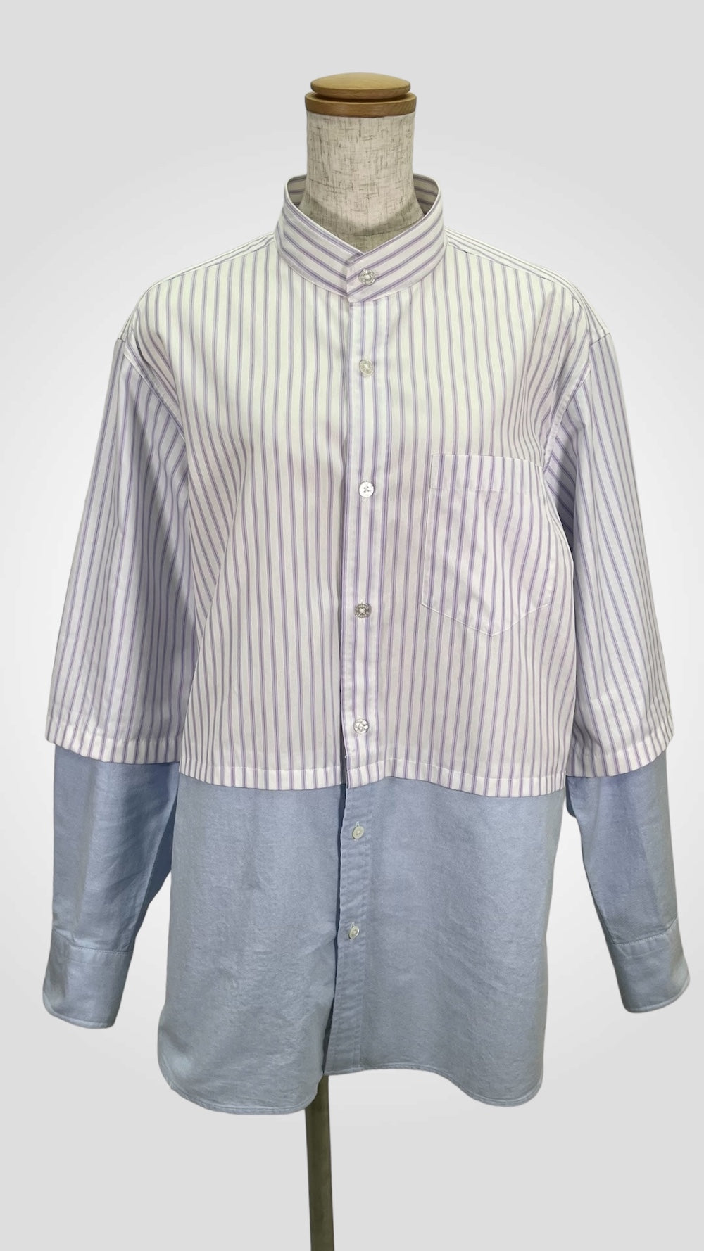 Remake Layered Denim Stripe Collarless Shirt