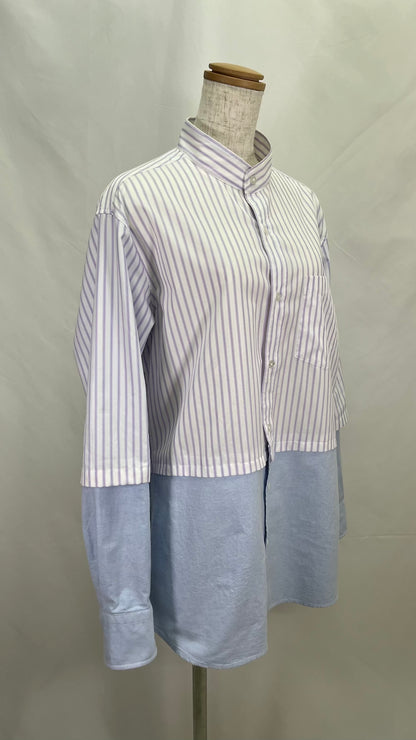 Remake Layered Denim Stripe Collarless Shirt