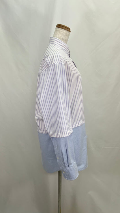 Remake Layered Denim Stripe Collarless Shirt