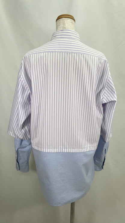 Remake Layered Denim Stripe Collarless Shirt