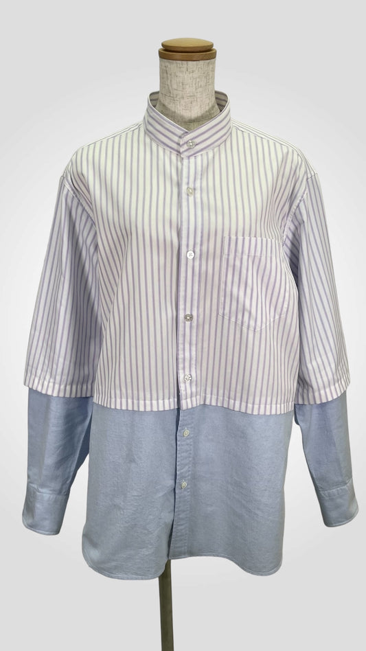 Remake Layered Denim Stripe Collarless Shirt